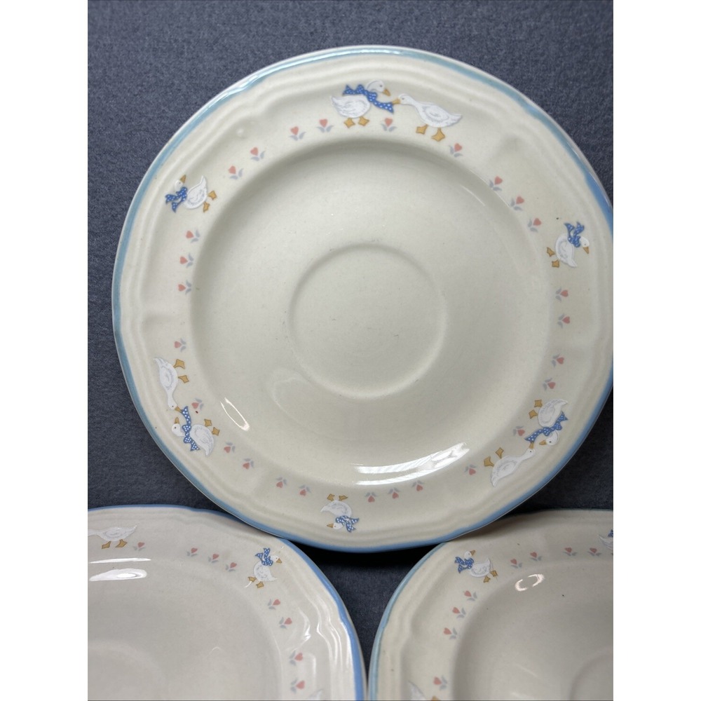 Aunt Rhody Goose Saucers Set of 3 Blue Bow Farmhouse Stoneware - Picture 4 of 10